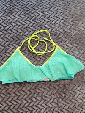Victoria's Secret Mint Sequin Bikini Top with Neon Yellow Accent